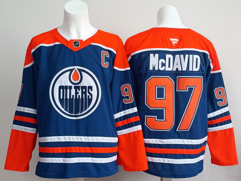 Men 2025 Edmonton Oilers #97 Mcdavid Blue Fanatics Home Premium NHL Jersey style 1